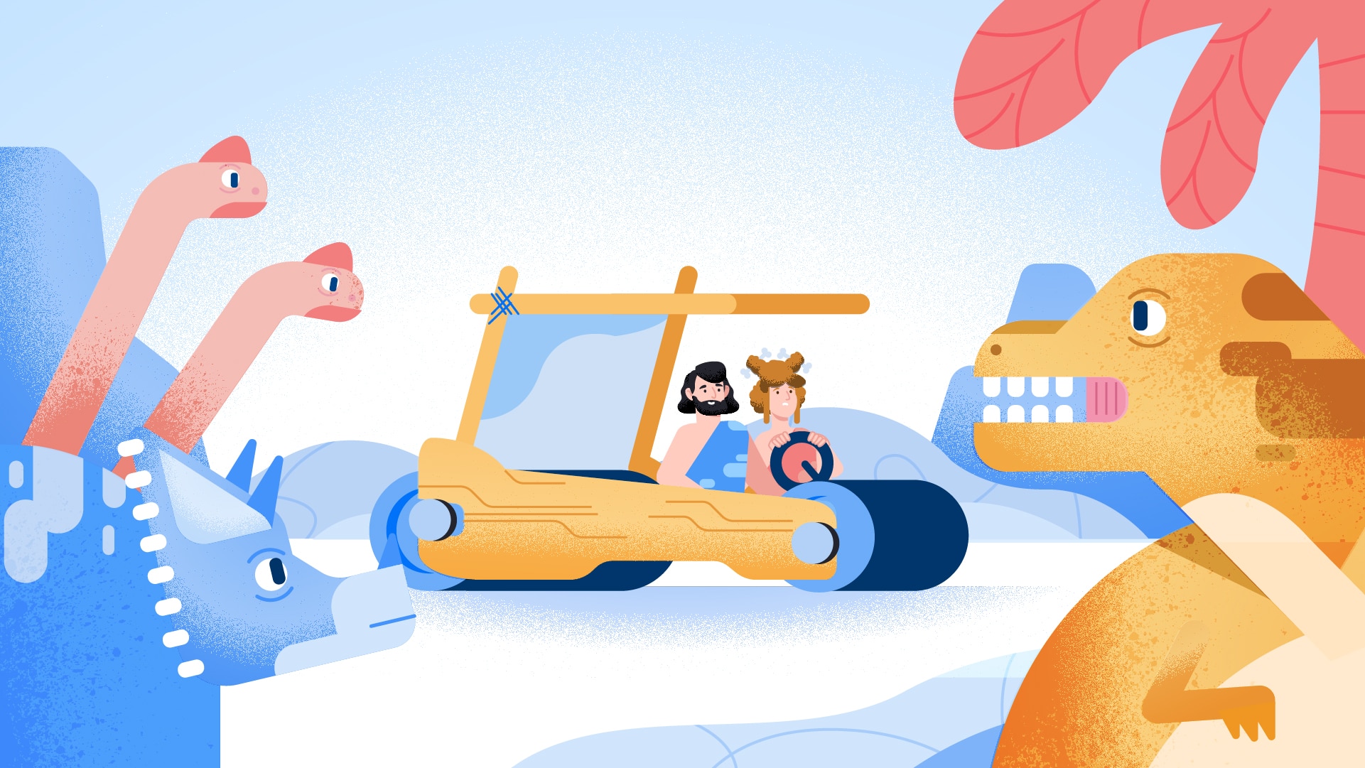 Zwei Menschen fahren in einem Flintstoneauto in einer prähistorischen Welt umher.