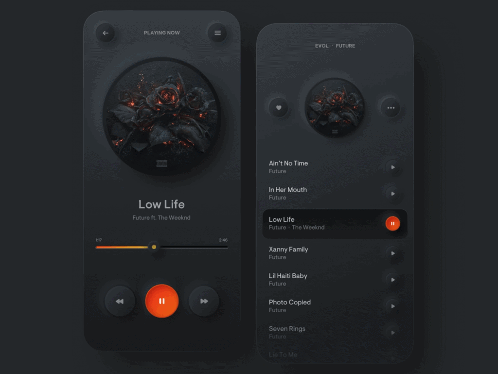 Fiktiver Music-Player in neomorphistischem Design