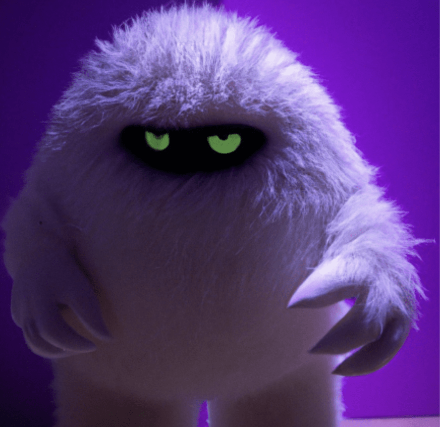 White fur monster in purple room - dall-e