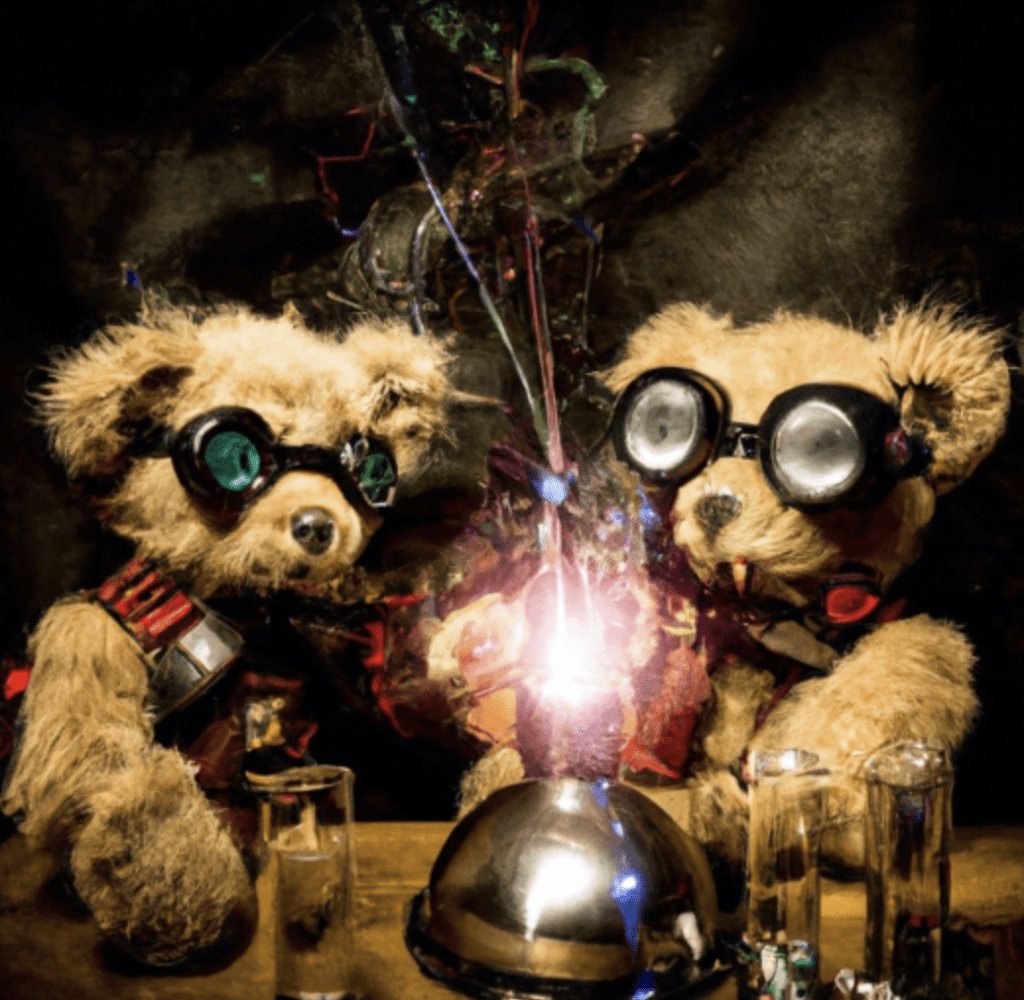 Teddy bears mixing sparkling chemicals as mad scientists