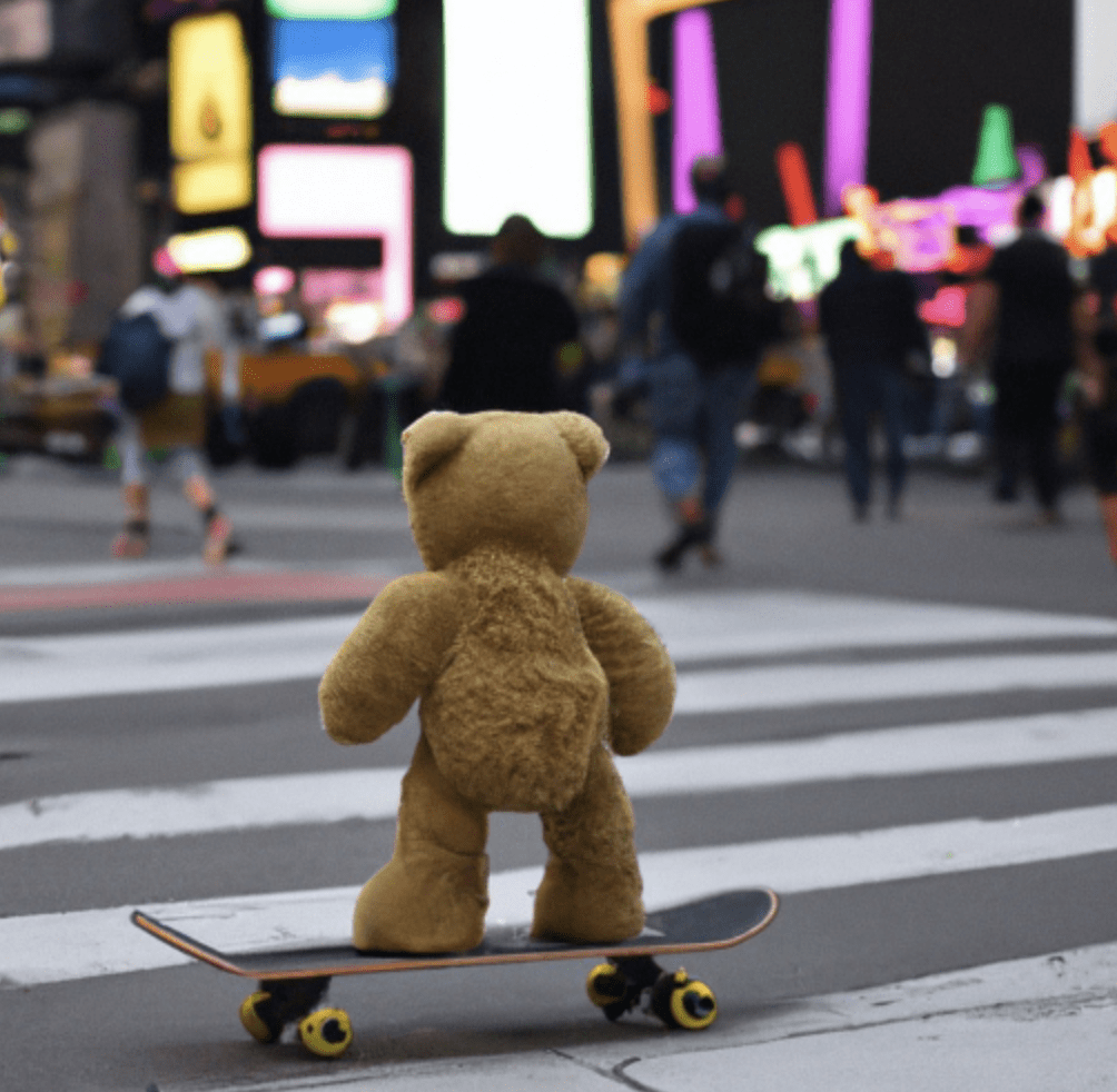 A teddy bear on sideboard on timesquare - dall-e