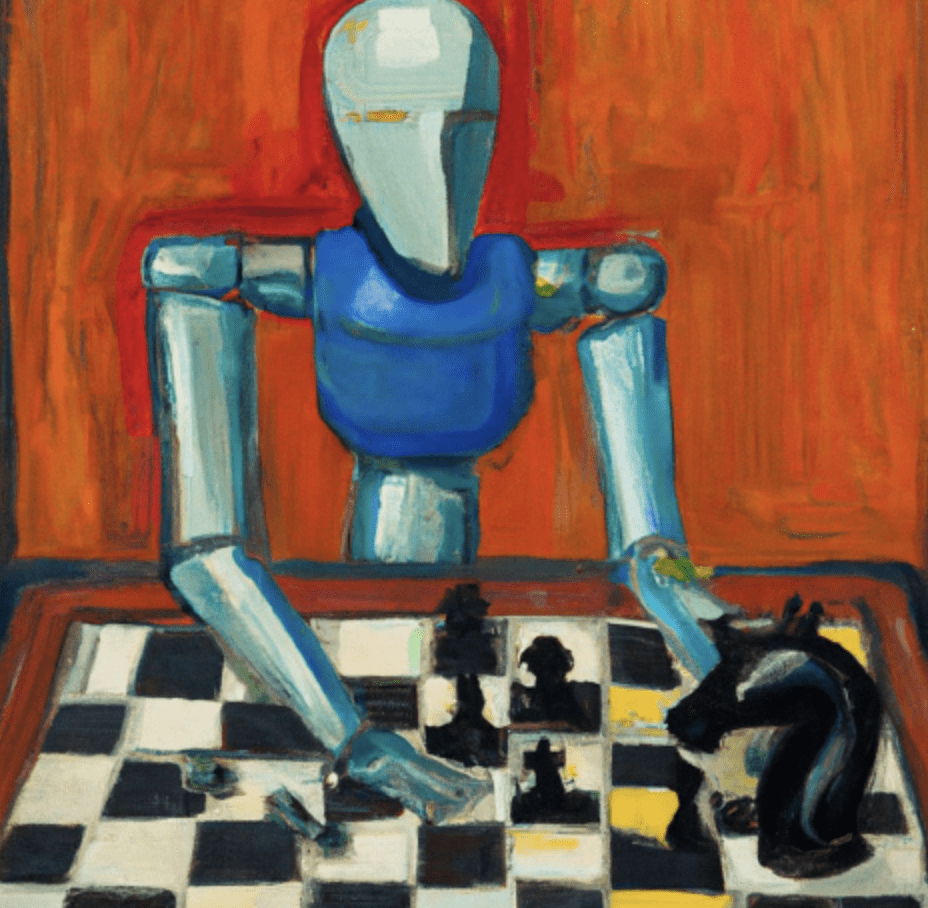 An oil painting of a humanoid robot playing chess in the style of Matisse 