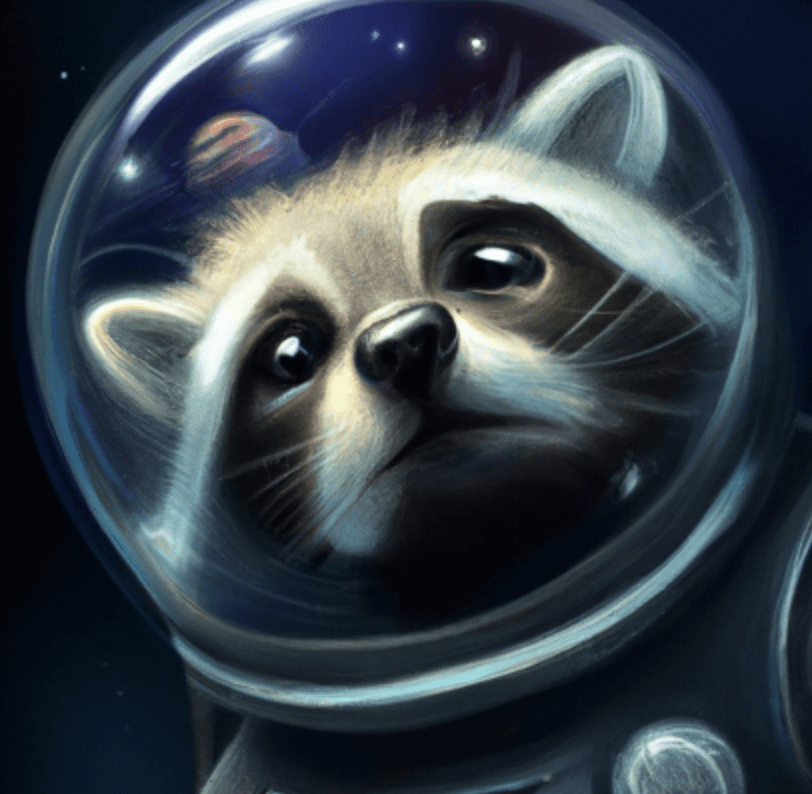 A raccoon astronaut with the cosmos reflecting on the glass of his helmet dreaming of the stars, digital art 